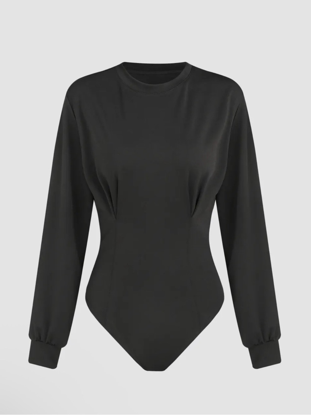 Solid Black Terry Pleated Long Sleeved Bodysuit